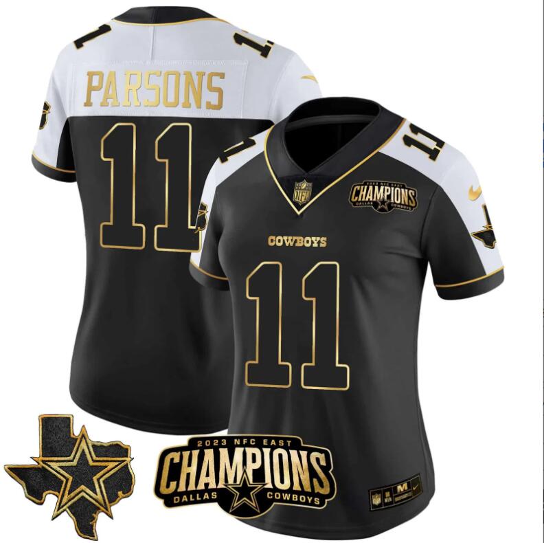 Women Dallas Cowboys 11 Parsons 2023 NFC East Champions Patch Gold Vapor 2024 NFL Nike black jerseys